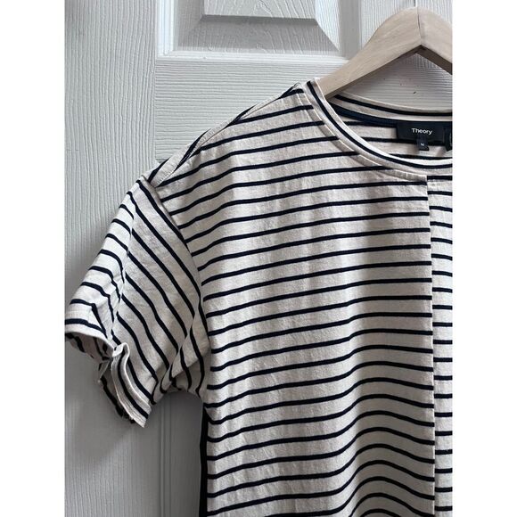 Theory Cream Blue Relaxed Fit Striped Combo Pocket Shift Shirt Dress Size Medium - Picture 6 of 12